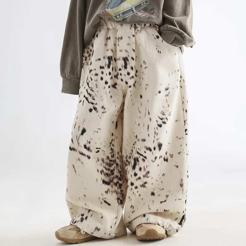 2025 Jeans con estampado de leopardo de estilo coreano para niños: pantalones casuales sueltos de pierna ancha de otoño, pantalones para niños de moda suaves y agradables para la piel - imagen 3