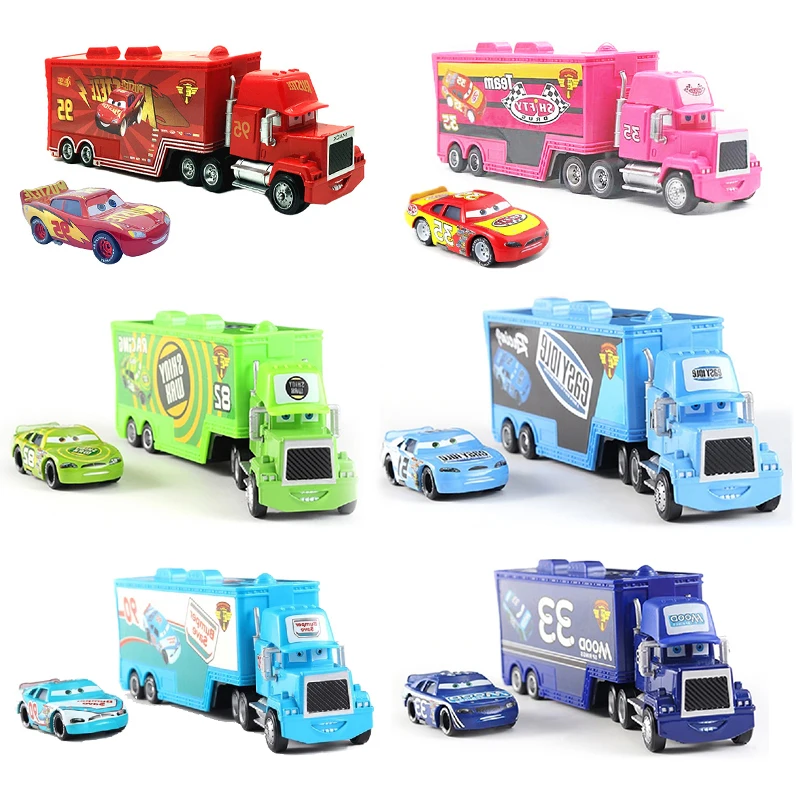 Figuras de Disney Cars Mack Truck Lightning McQueen Racing, modelo fundido a presión, Mini Vehículo de juguete para niños, figuras de colección, regalos de cumpleaños, 1:55