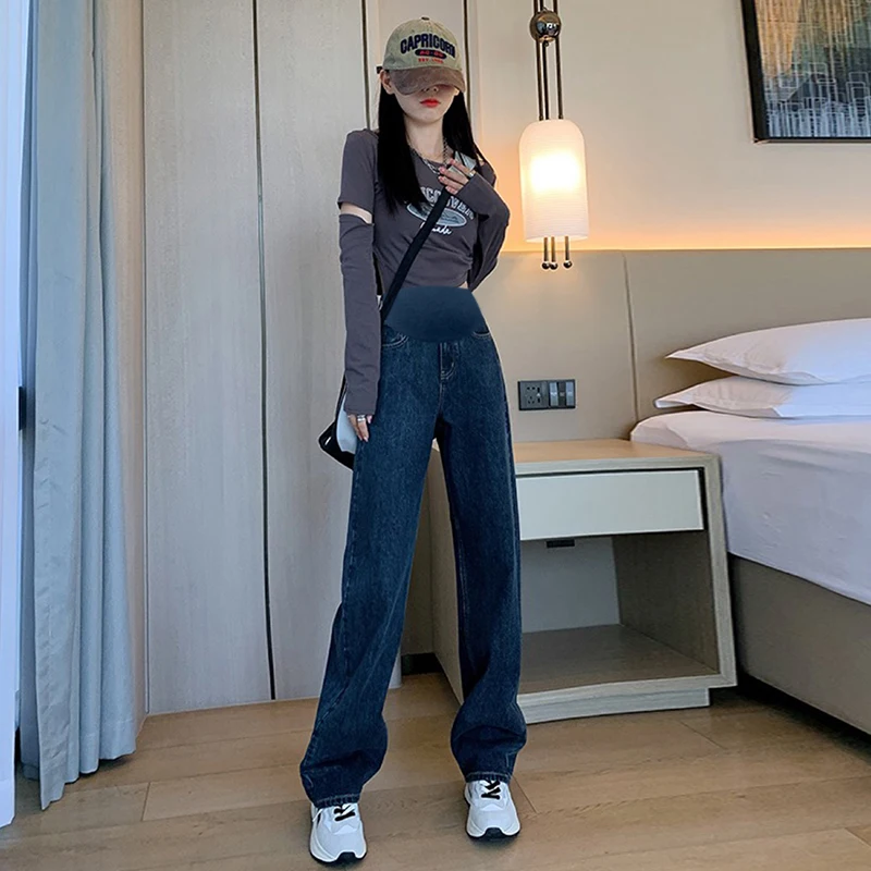 9513 #   Otoño Denim maternidad pantalones vaqueros largos rectos pierna ancha suelta cintura elástica pantalones del vientre ropa para mujeres embarazadas embarazo - imagen 3