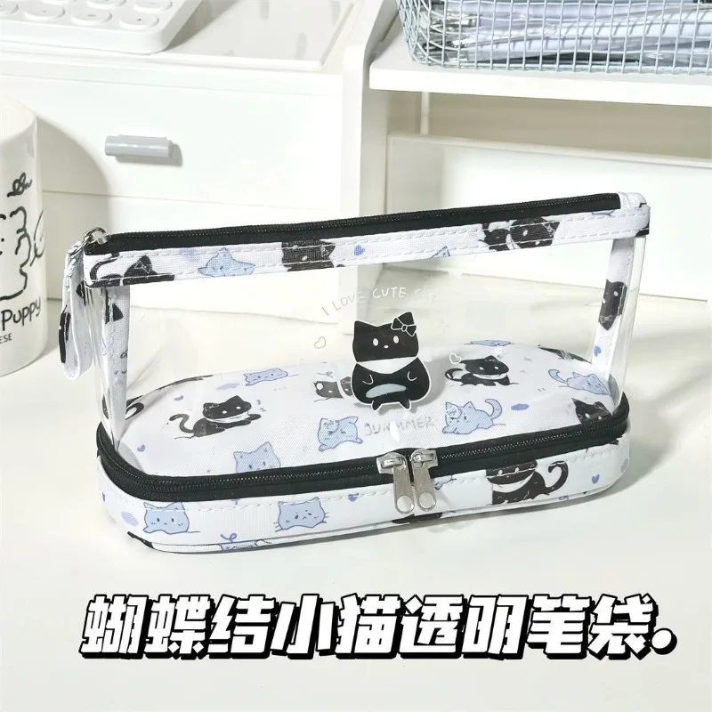 Bolsa transparente para bolígrafos de dibujos animados, estuche para lápices de doble capa con gato/cán, bolsa de almacenamiento de papelería multifuncional portátil para estudiantes - imagen 2