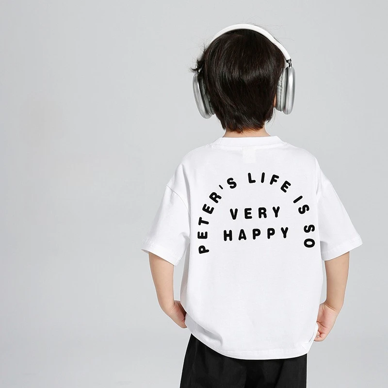 Camiseta de verano de manga corta de algodón puro con estampado de letras para niños, camisetas para niños de 110-160cm