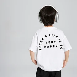 Camiseta de verano de manga corta de algodón puro con estampado de letras para niños, camisetas para niños de 110-160cm
