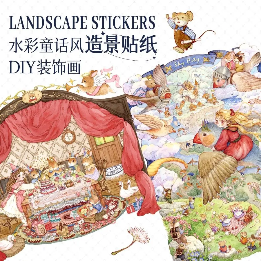 Serie dibujada a mano, acuarela, cachorro de cuento de hadas, pegatinas de creación de escena en miniatura 3D verdes, pegatinas de decoración artística DIY