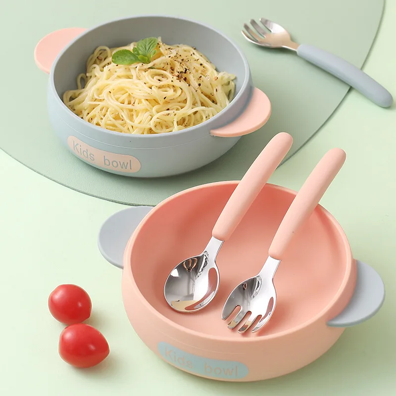 Cuenco de alimentación de bebé de silicona, vajilla para niños, cuenco de succión con cuchara, tenedor, platos para niños, utensilios de cocina anticaída, cosas para bebés