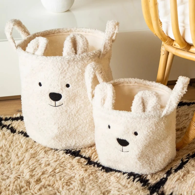 Cesta de almacenamiento de lona de lana de cordero, cesta de almacenamiento de juguetes y aperitivos, cesta de ropa sucia, bolsa de caché para madre y bebé