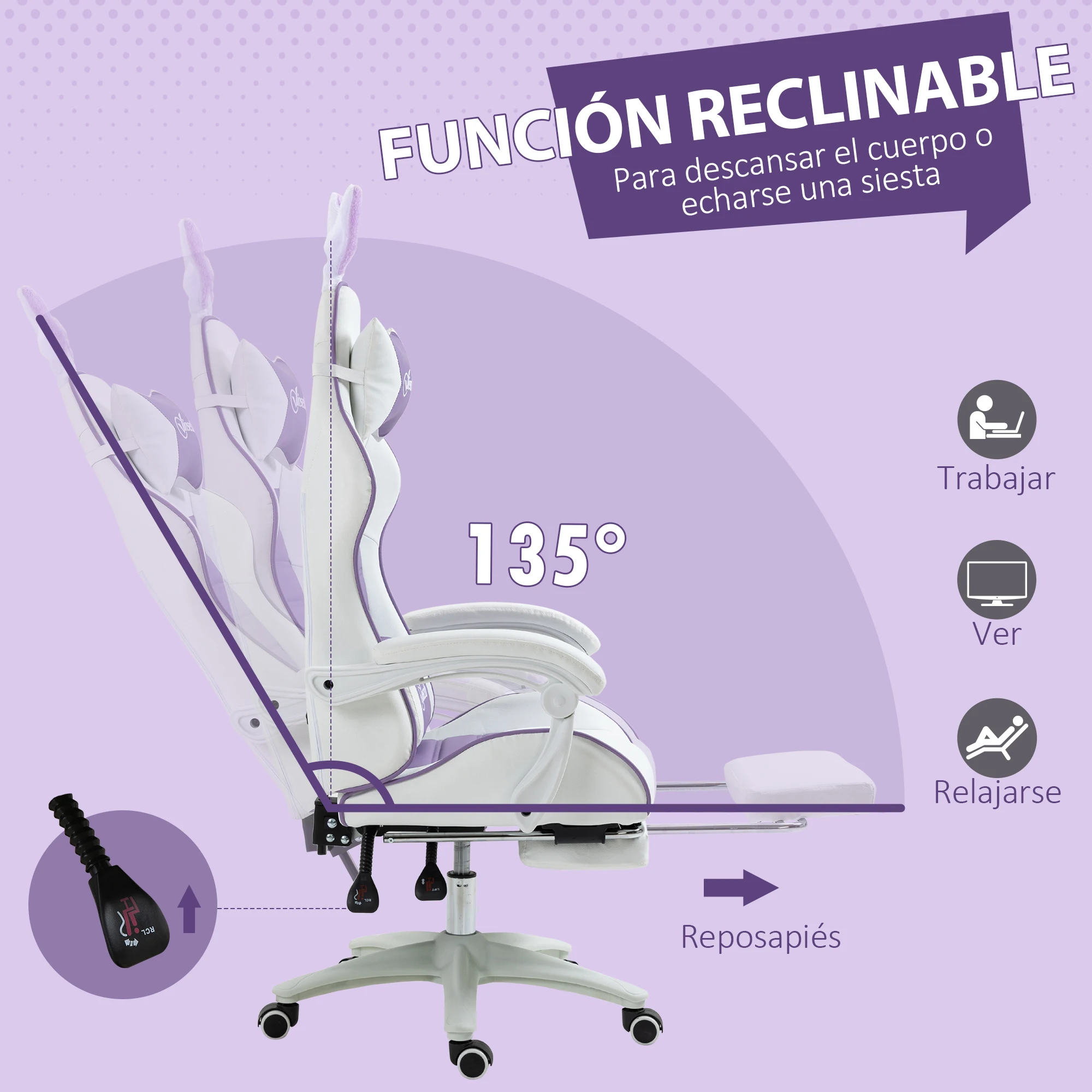 Vinsetto Silla Gaming Ergonómica Reclinable 135°, Silla Gamer Racing de Cuero PU con Soporte Lumbar, Altura Ajustable, Reposacabezas y Reposapiés Retráctil, para Oficina, Estudio, Púrpura - imagen 5