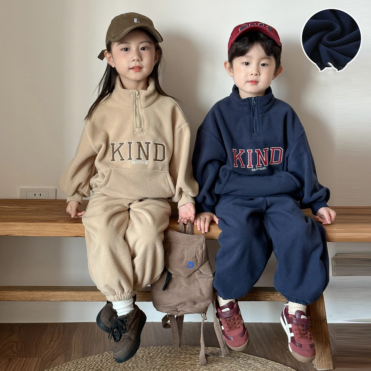 Conjunto de ropa para niños de 0 a 8 años, chándal de lana doble para niños, Sudadera con capucha y pantalones con forro de piel fina, traje con capucha para niñas de 2 uds. - imagen 2