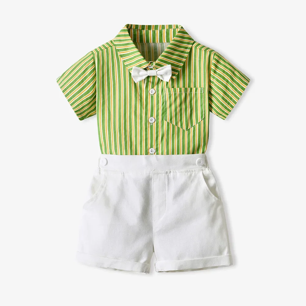 Camisa de manga corta a rayas para niños, conjunto de pantalones cortos con tirantes, trajes de verano para bebés, 70-140cm - imagen 4