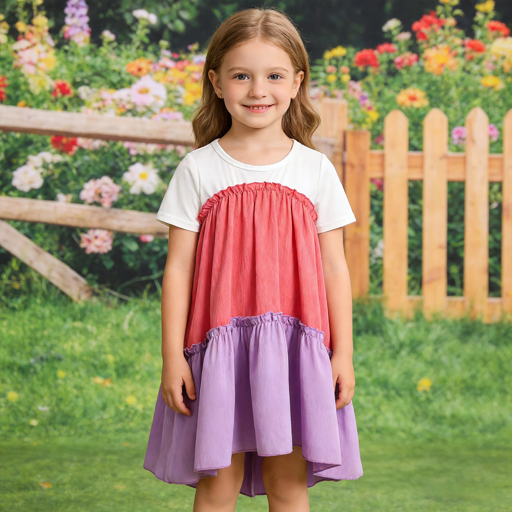 2026 vestido de verano para niñas, vestido informal holgado de manga corta con bloques de Color, ropa para niñas de Color sólido, vestido bonito para niños de 3 4 5 6 7 años