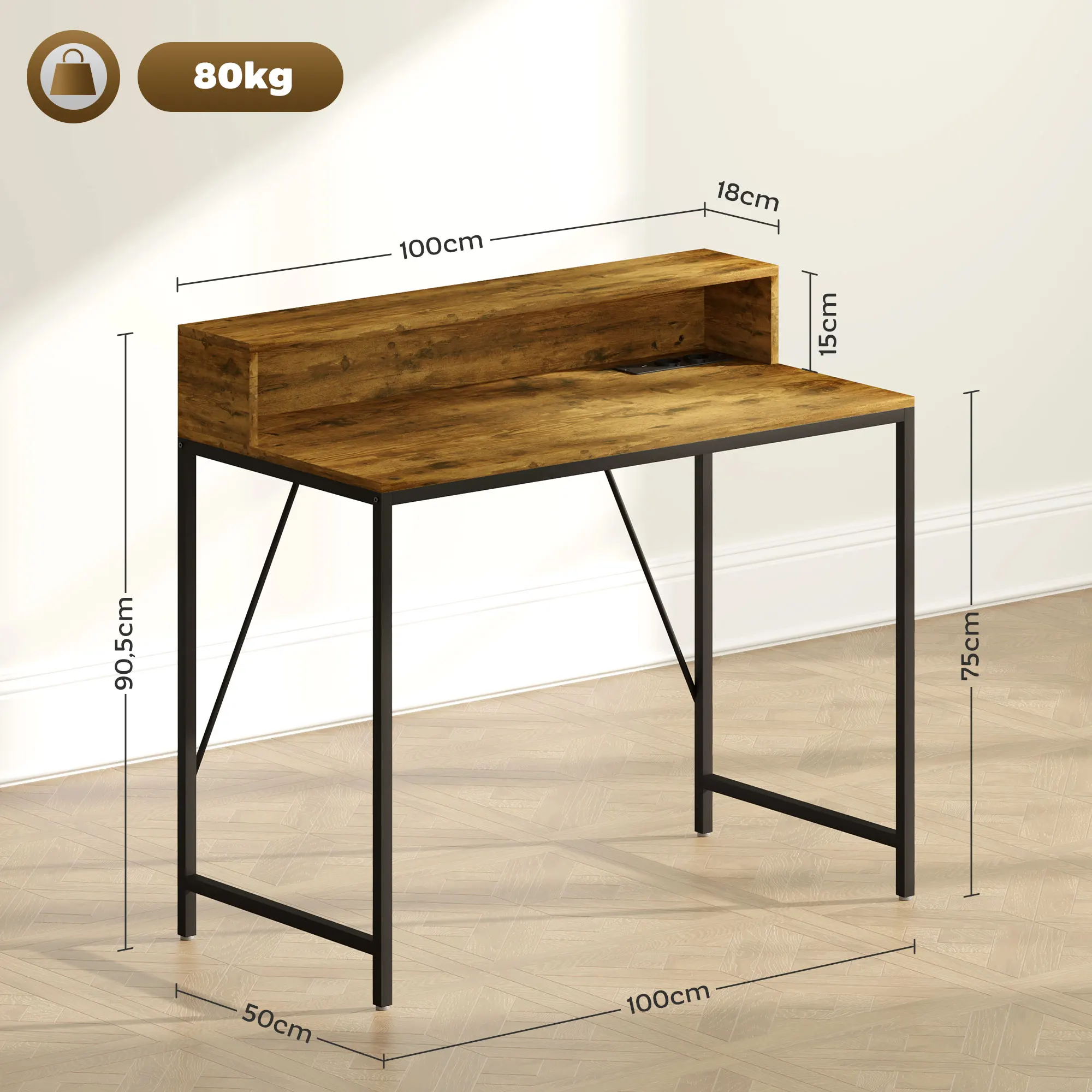 HOMCOM Escritorio Industrial Mesa Escritorio con Luces LED Tomas de Corriente Soporte para Monitor y Control Remoto Mesa de Ordenador para Oficina Estudio 100x50x90,5 cm Marrón Rústico - imagen 3