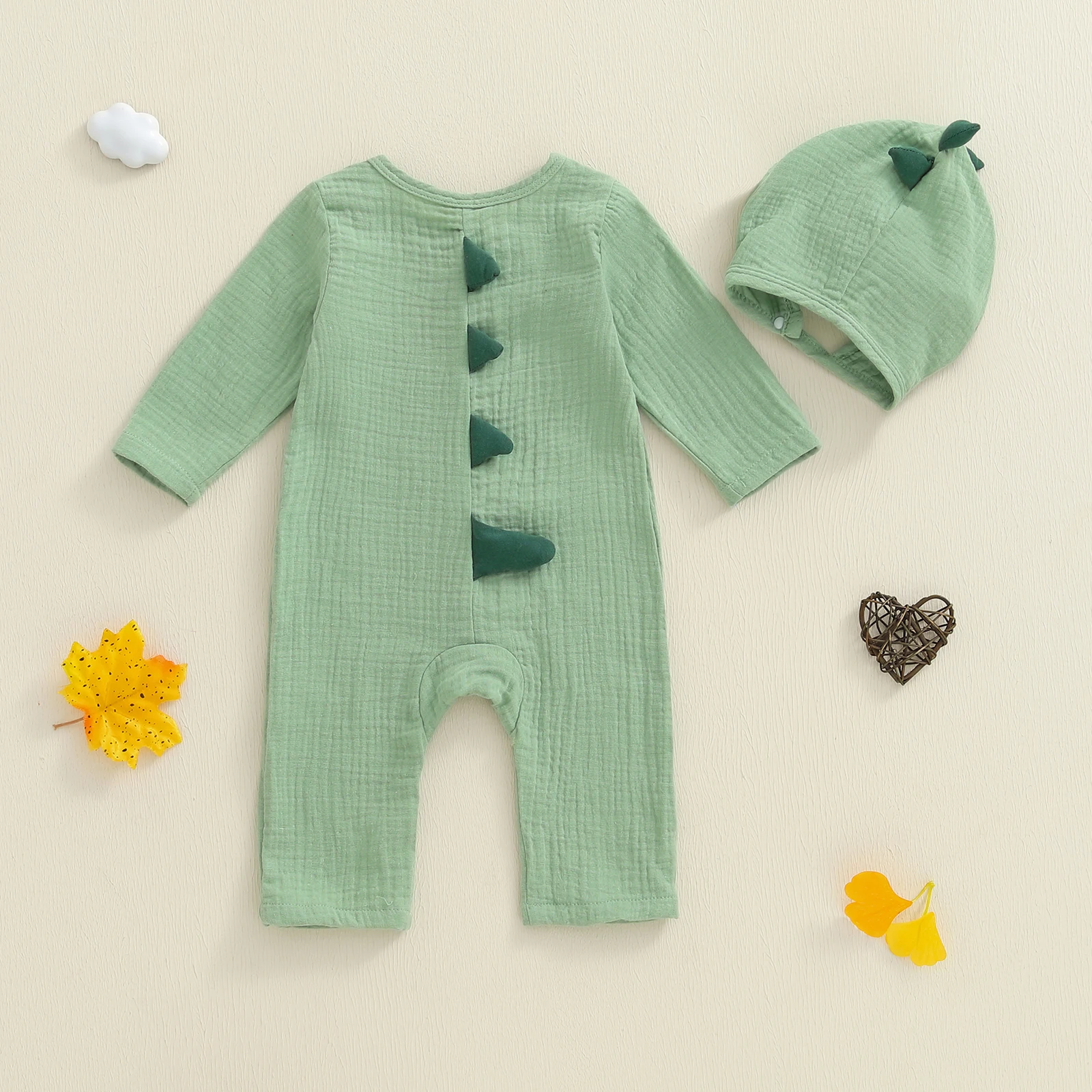 SUNSIOM Mameluco para bebé recién nacido con temática de dinosaurio, cuello redondo, manga larga, abotonada, mono largo con sombrero - imagen 2