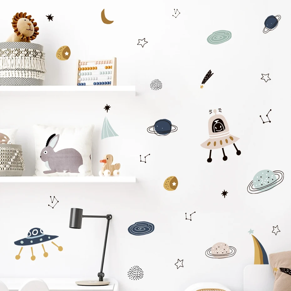 Pegatinas de vinilo pared infantiles acuarela con ovnis y planetas - imagen 3