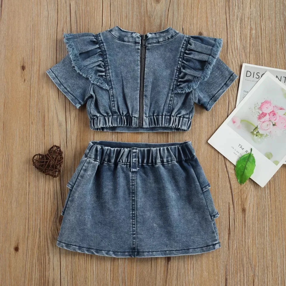 Ropa de verano para niños de 2 piezas, moda coreana para niñas, Tops azules de manga corta + falda, ropa de Boutique para bebés, conjuntos para niños BC442 - imagen 3