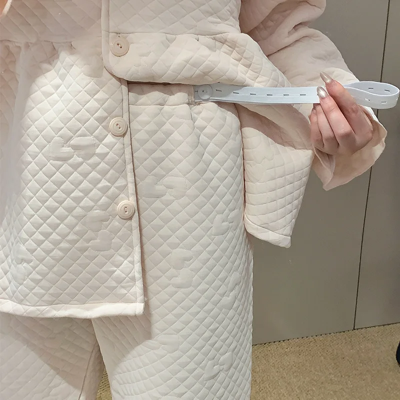 Traje de mes de lactancia sándwich de algodón de aire, pijamas gruesos de invierno para mujeres embarazadas, pijamas cálidos posparto para amamantar - imagen 5