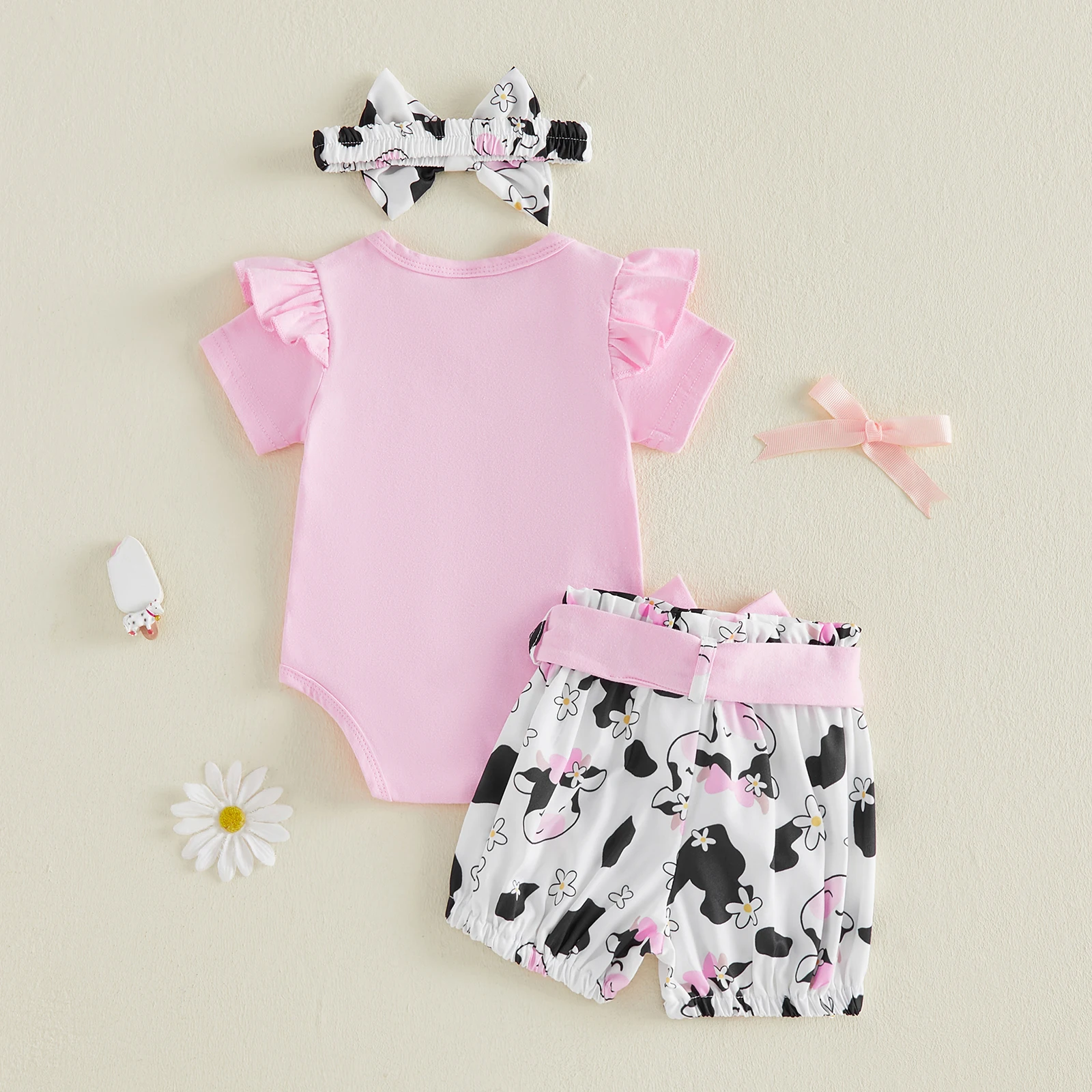 Conjunto verano bebé niña: mono vaca, botas letras y diadema lazo - imagen 4