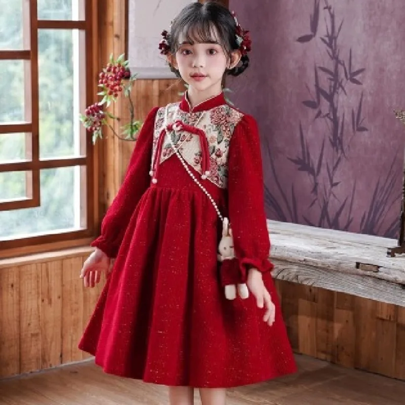 Vestido cheongsam elegante para niña rojo manga larga – Fiesta - imagen 4