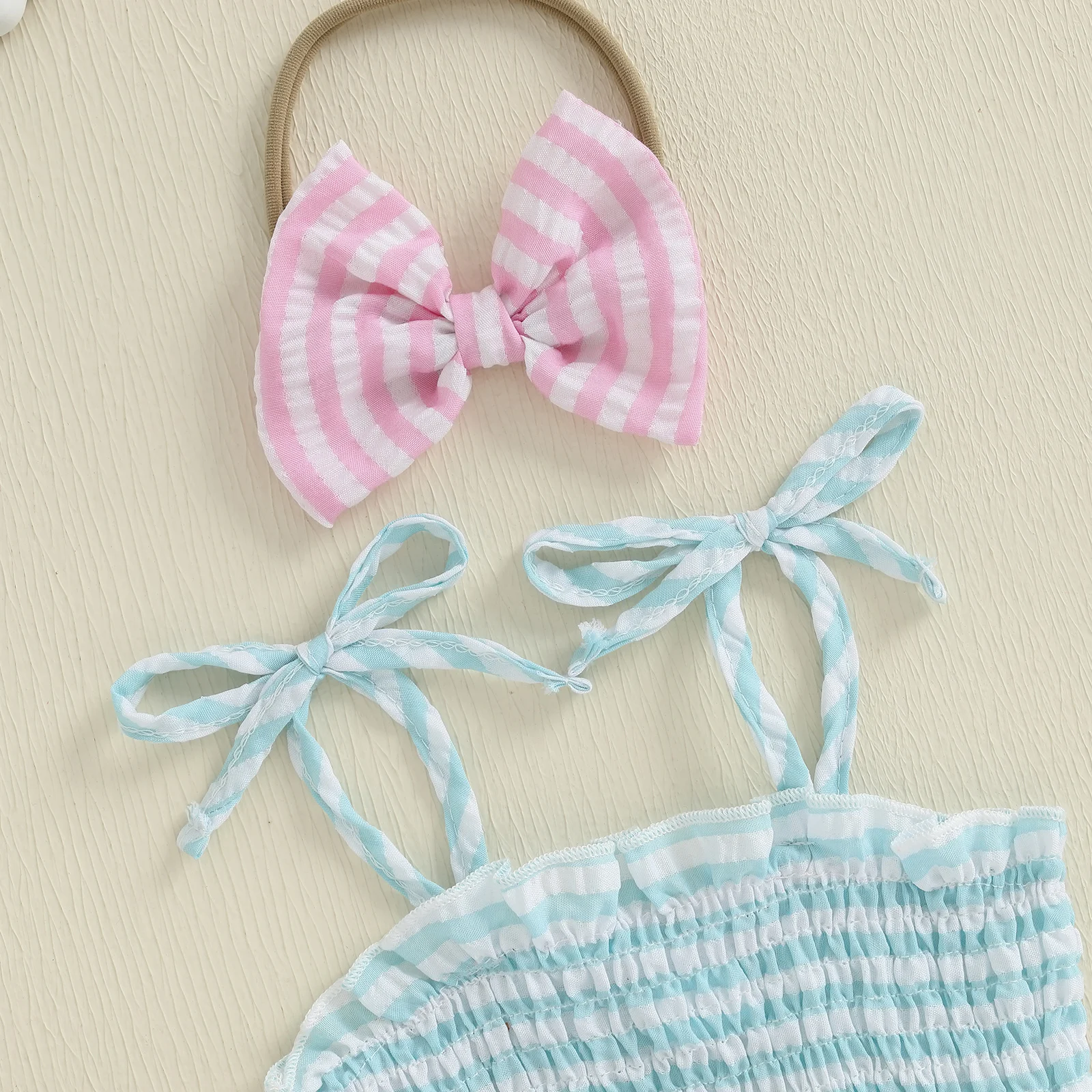 Suefunskry Conjunto de verano de 2 piezas para bebé niña, traje de golf a rayas con lazo y hombros descubiertos, diadema con lazo - imagen 3