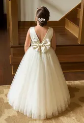 Vestido de tul con perlas y espalda en V hasta el tobillo para boda, niña de las flores, desfile de verano a la moda, sesión de fotos de princesa para niños pequeños, vestido de invierno para niña