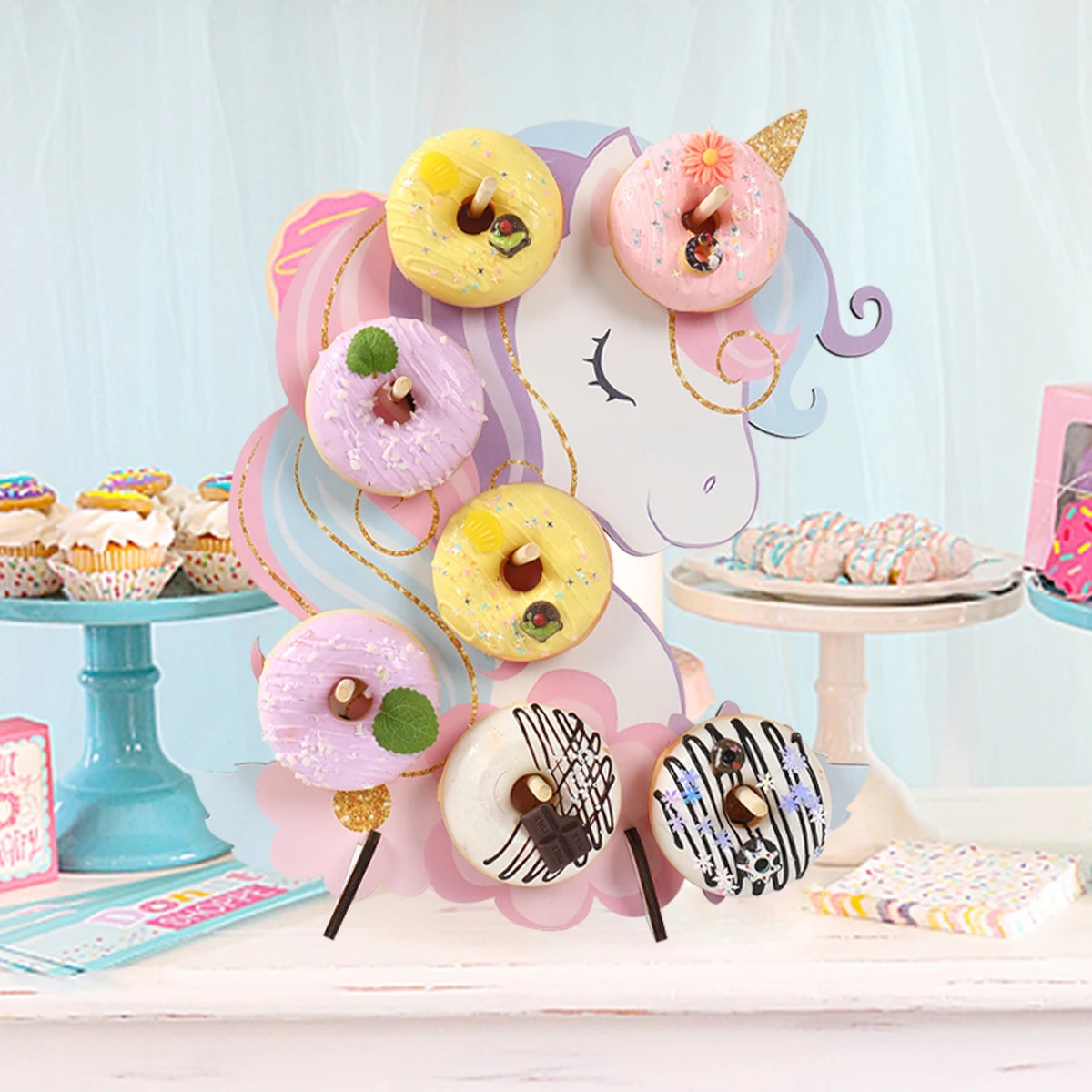 Soporte de Donut de madera con forma de unicornio, decoración para fiesta de cumpleaños, suministros para fiesta de Donut, suministros para fiesta de boda y cumpleaños, decoración de mesa - imagen 4