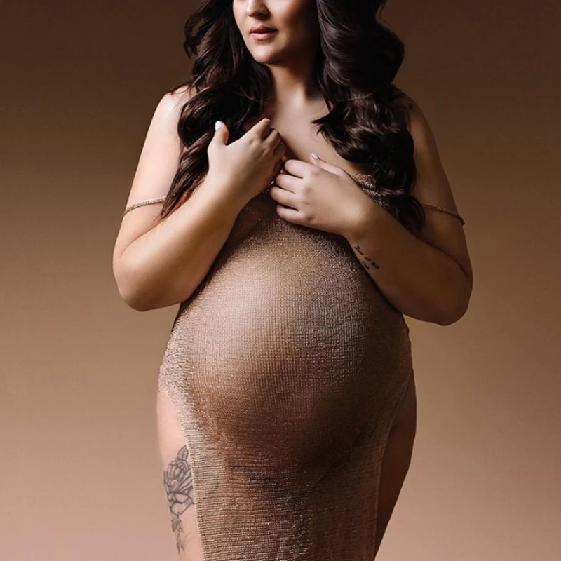 Vestido de fotografía de maternidad protector solar malla cristal Bikini cubrir embarazo cuello en V hendidura vestido con tirantes vestidos de punto Sexy - imagen 3