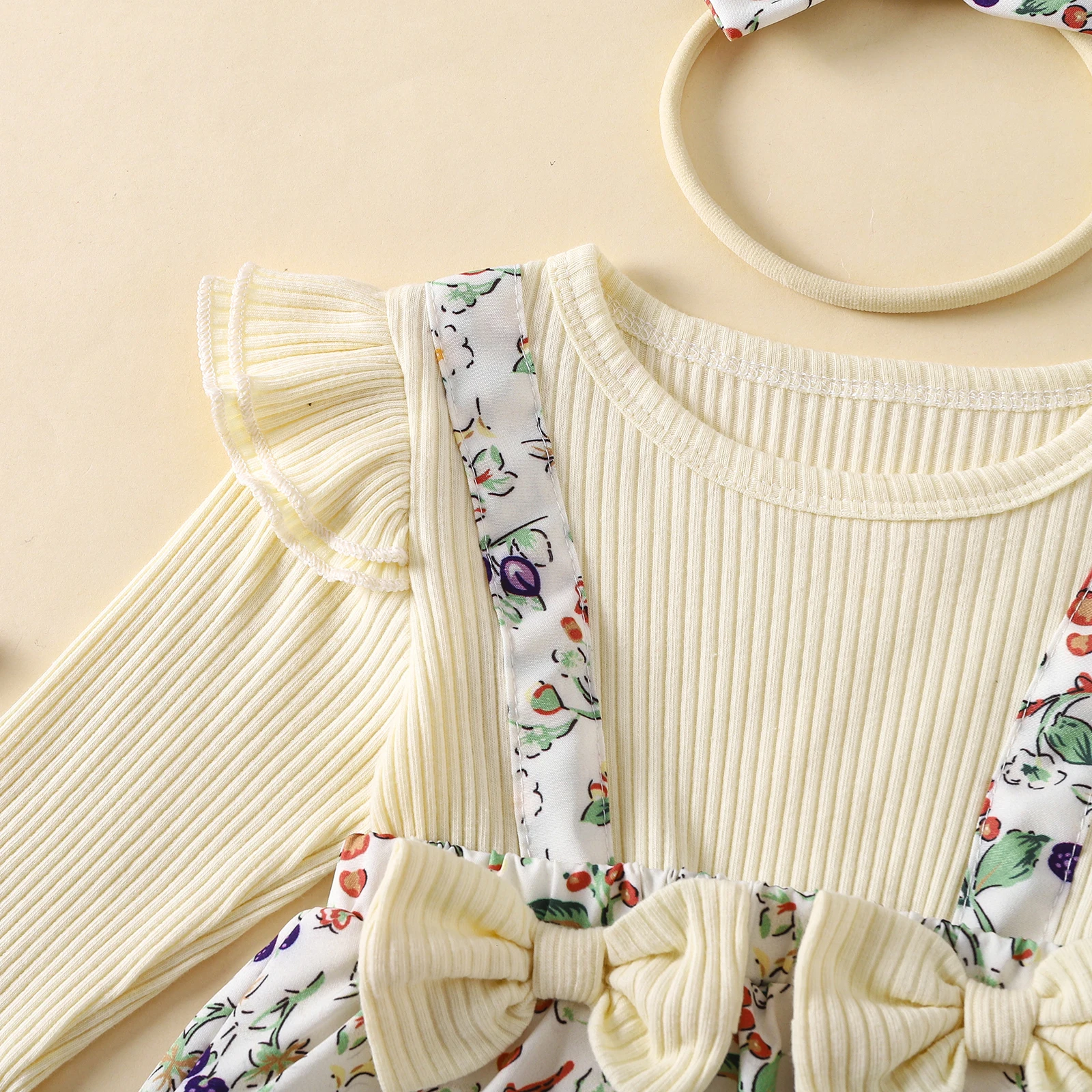 Vestido mameluco de otoño para niña de 0 a 18 meses, mono falso de dos piezas de manga larga con cuello redondo y estampado floral - imagen 4