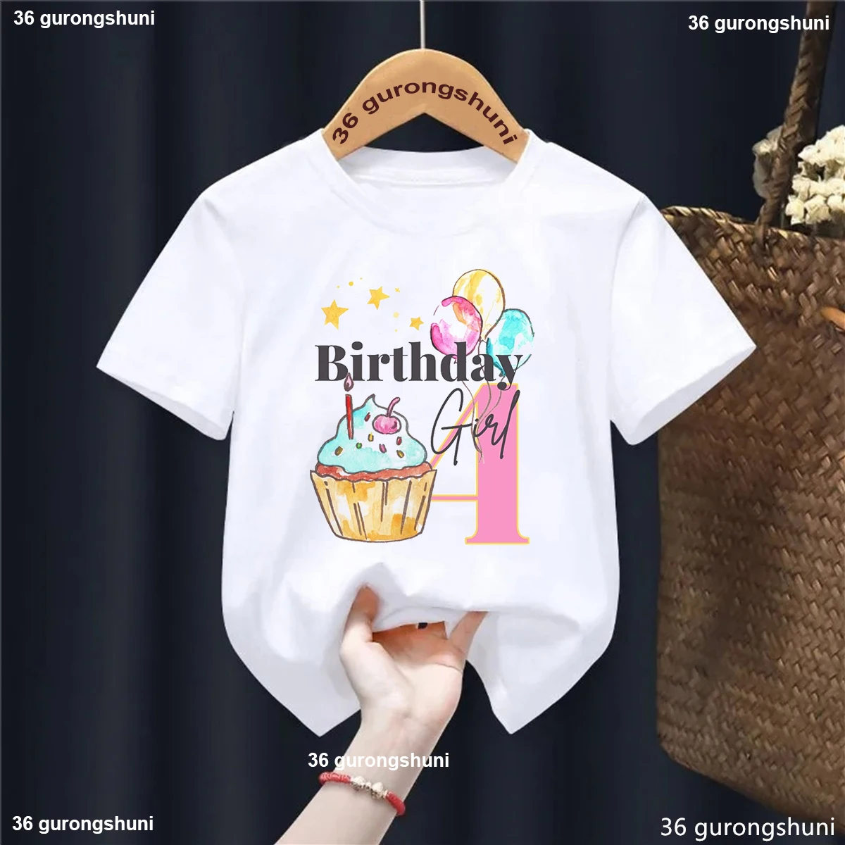 Camiseta blanca con estampado de regalo de cumpleaños para niñas, camiseta con estampado de pastel, globo, estrella, Kawaii, ropa para niños, camiseta de fiesta de cumpleaños - imagen 5