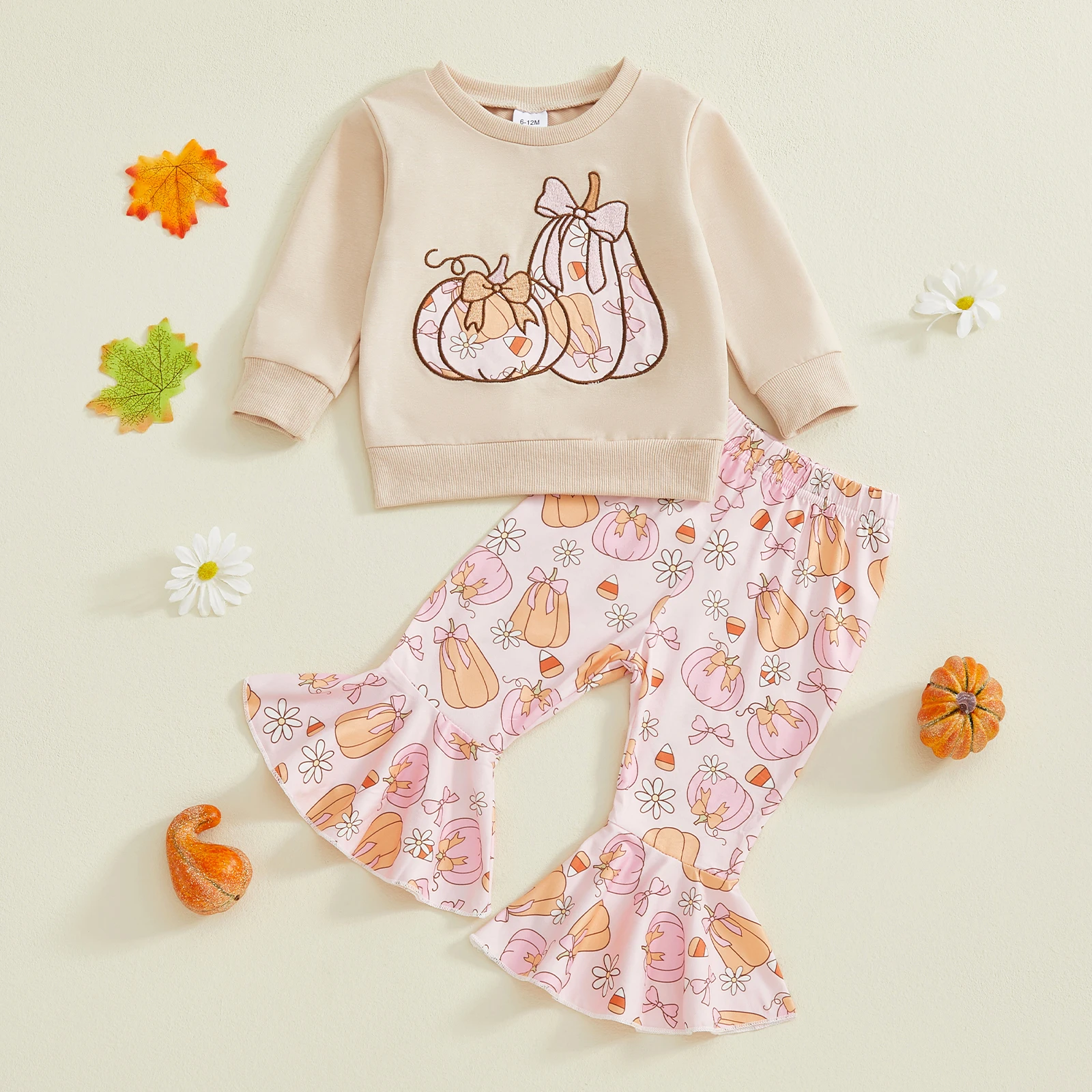 Conjunto de 2 piezas de trajes de Halloween para niña, Tops y pantalones con bordado de calabaza y lazo de manga larga, ropa para niños pequeños