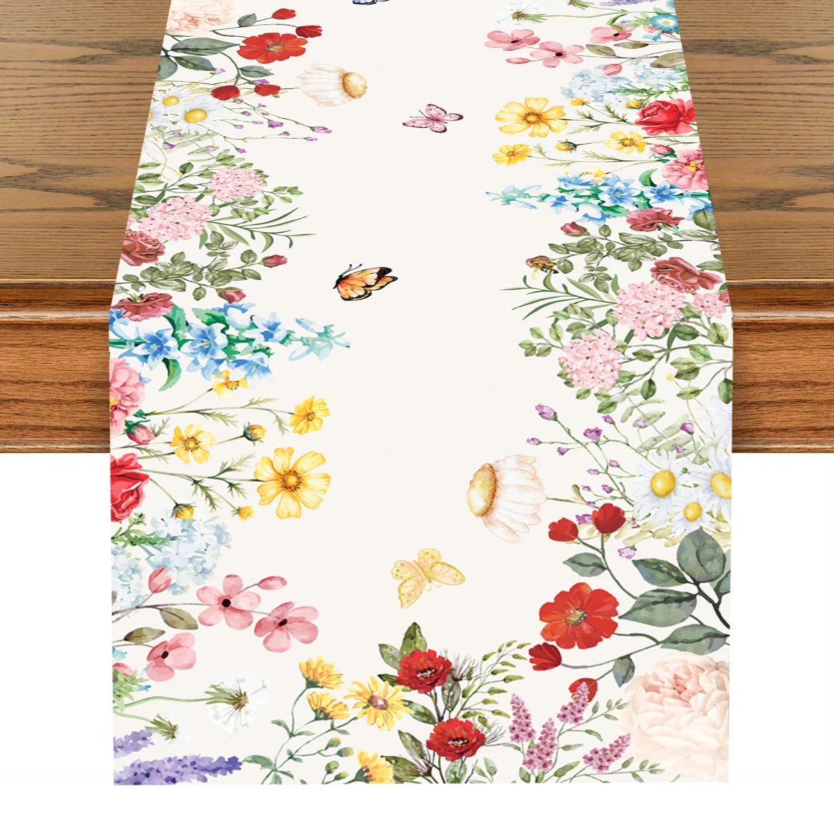 Caminos de mesa de PE/lino, mariposas y flores silvestres coloridas de primavera, decoración para fiesta de boda, caminos de mesa de plantas florales de verano, decoración de mesa