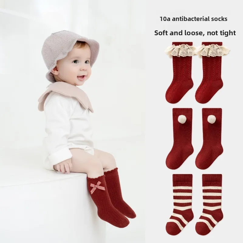 Nuevos calcetines de princesa de otoño para bebés y niñas: encaje rojo, lazo, ideales para niños pequeños, niñas mayores, bebés, Año Nuevo.