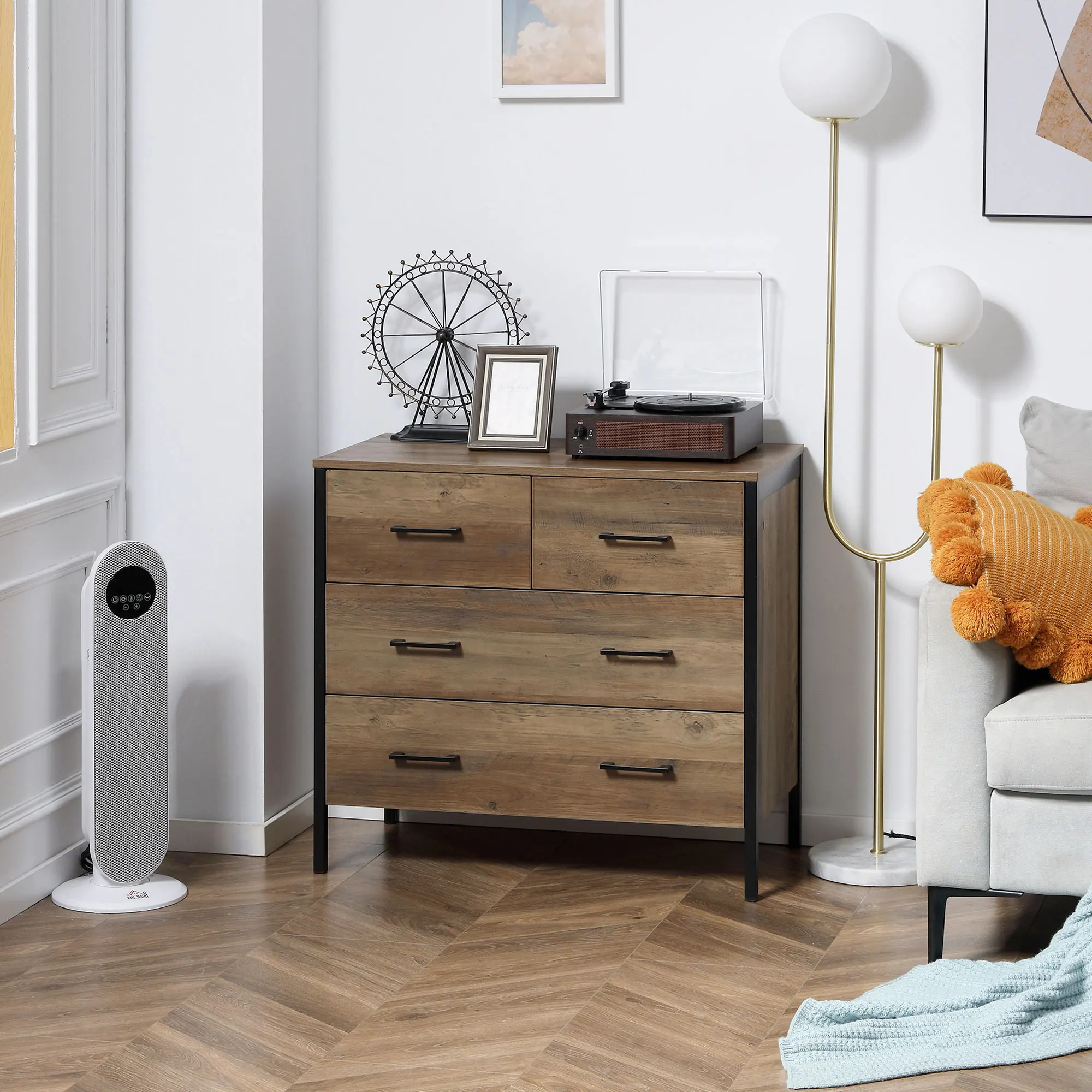 HOMCOM Cajonera con 4 Cajones Cómoda de Dormitorio de Madera Mueble Almacenaje para Salón Habitación Oficina Estilo Industrial Antivuelco 80x40x75 cm Marrón - imagen 2