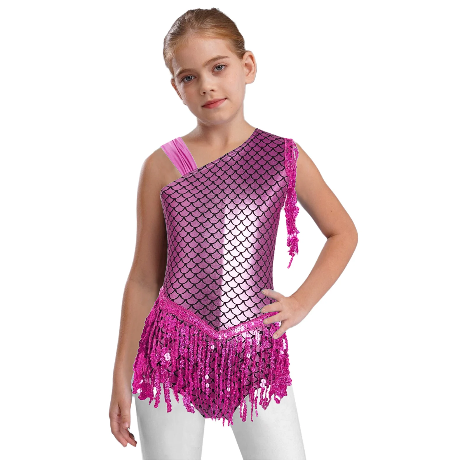 Niños Niñas escamas de pescado Ballet danza leotardo Bowknot espalda lentejuelas borlas mono de gimnasia para Halloween Cosplay fiesta temática - imagen 3