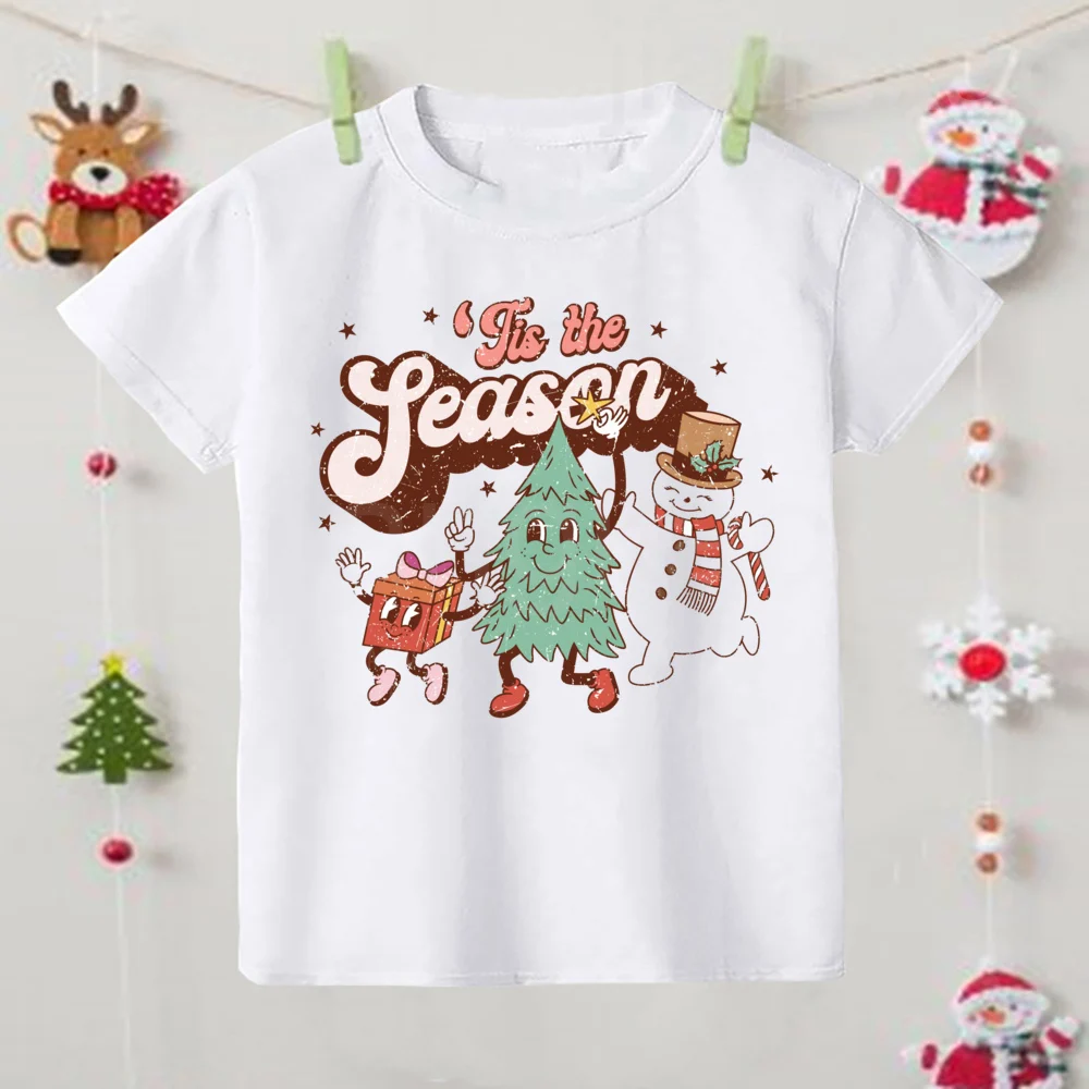 Camiseta con estampado de muñecos de nieve y vibraciones navideñas para niños y niñas, camisetas de manga corta, camisetas gráficas para niños, camisetas de vacaciones de Navidad, regalo - imagen 3