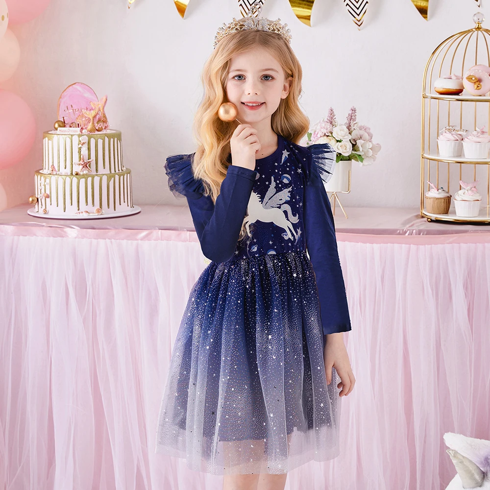 DXTON Vestido de princesa infantil volantes – Galaxia estrellada - imagen 3