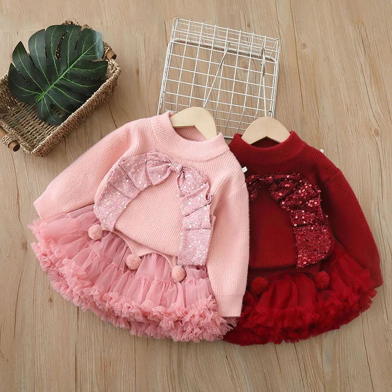 MILANCEL, nuevo conjunto de suéter de otoño para niños, 2-6T, jersey con lazo de lentejuelas dulces para niñas + falda tutú, versión coreana, traje de punto para niños