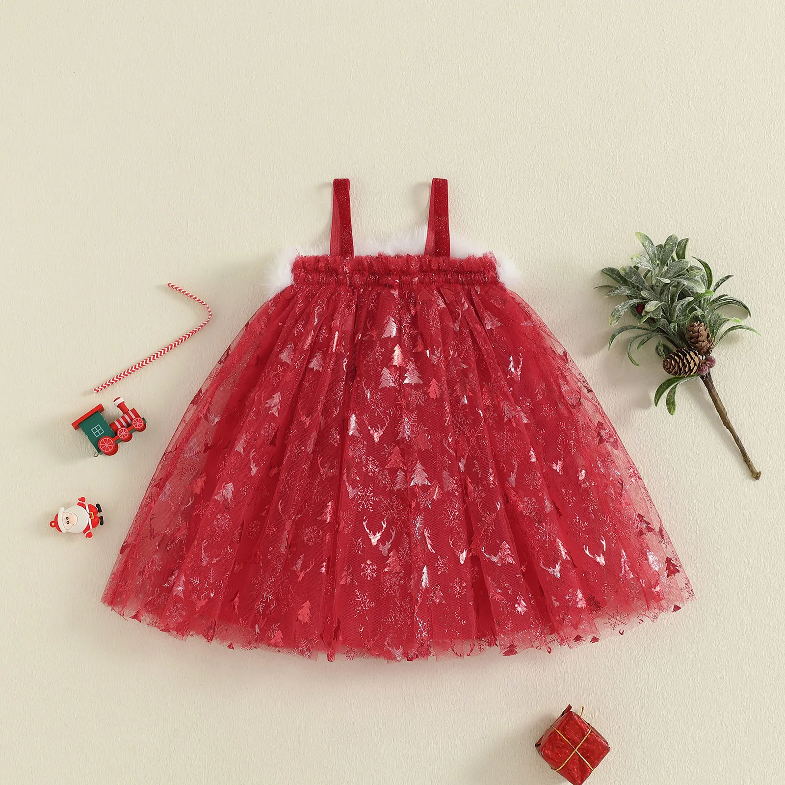 Vestido de Navidad de una línea para niña pequeña, vestido de retazos de felpa de tul sin mangas con estampado de árbol/copo de nieve - imagen 3