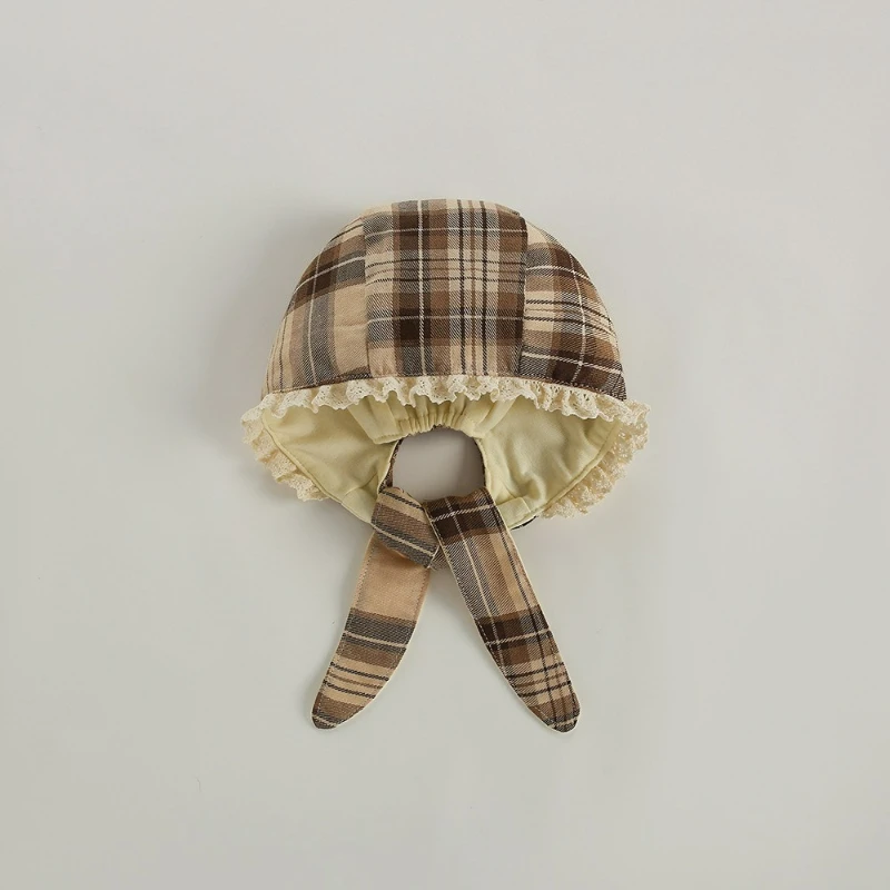 Sombrero de pescador de palacio de algodón cepillado británico, sombrero para la cabeza de bebé de encaje a cuadros vintage de otoño, protección suave para los oídos para niños y niñas - imagen 4