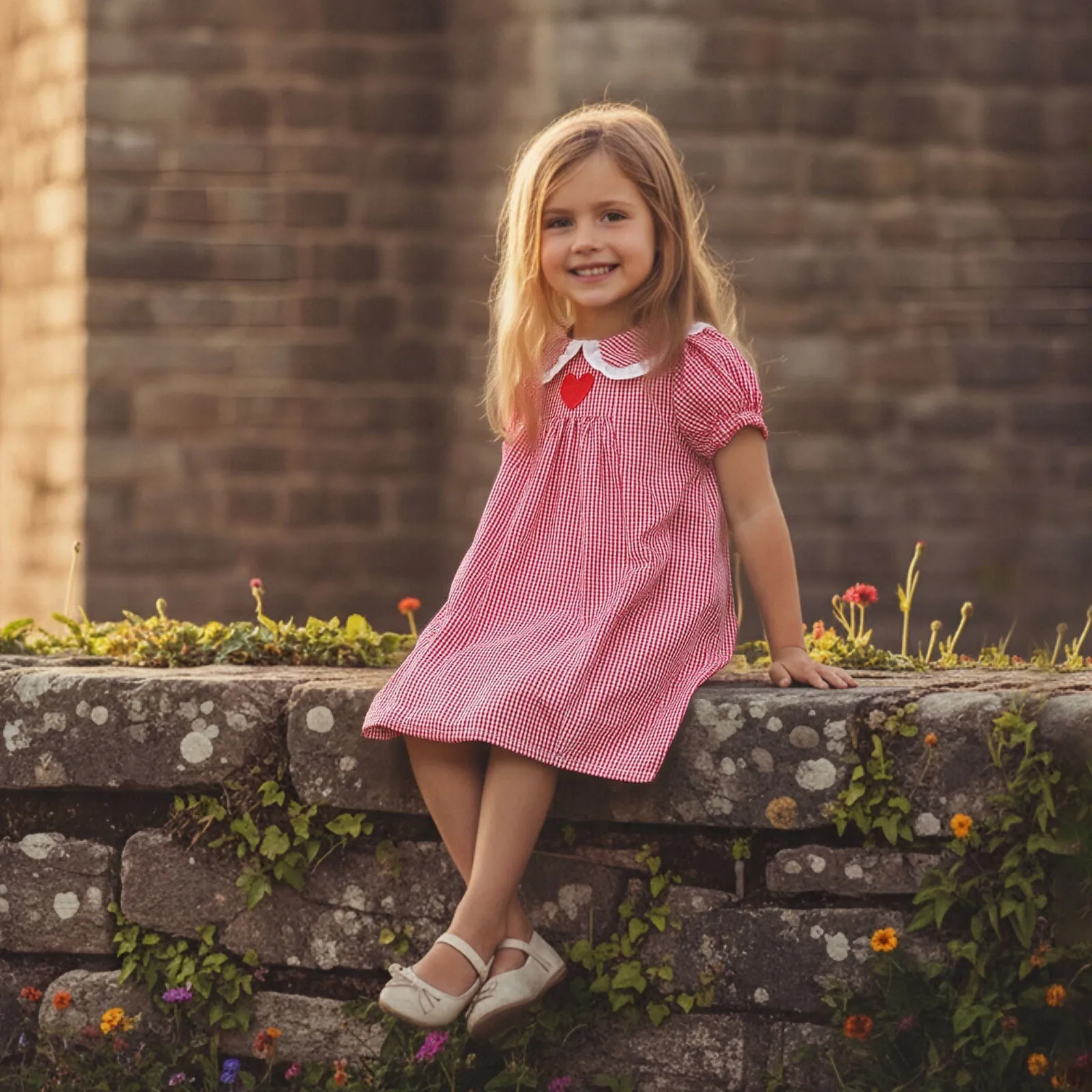Vestido de San Valentín para niñas pequeñas, vestido holgado de manga corta con cuello de muñeca a cuadros y bordado de corazón de amor - imagen 2