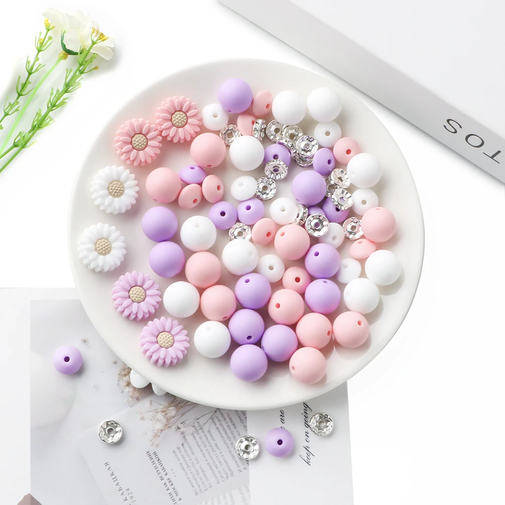 86 unids/lote de cuentas redondas de Margarita de silicona, conjunto mixto y combinado para joyería DIY, pulsera, collar, llavero, Etc., accesorios hechos a mano - imagen 4