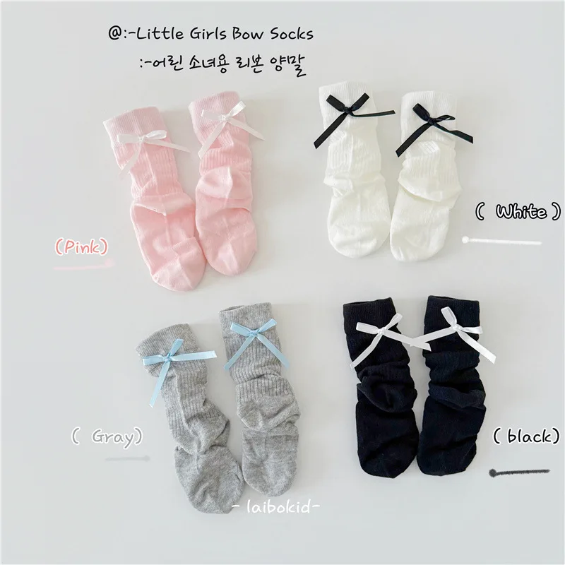 Calcetín de pantorrilla sencillo y dulce para niños y niñas, calcetín fino y transpirable de algodón suave con lazo a la moda, moda coreana para la escuela - imagen 2