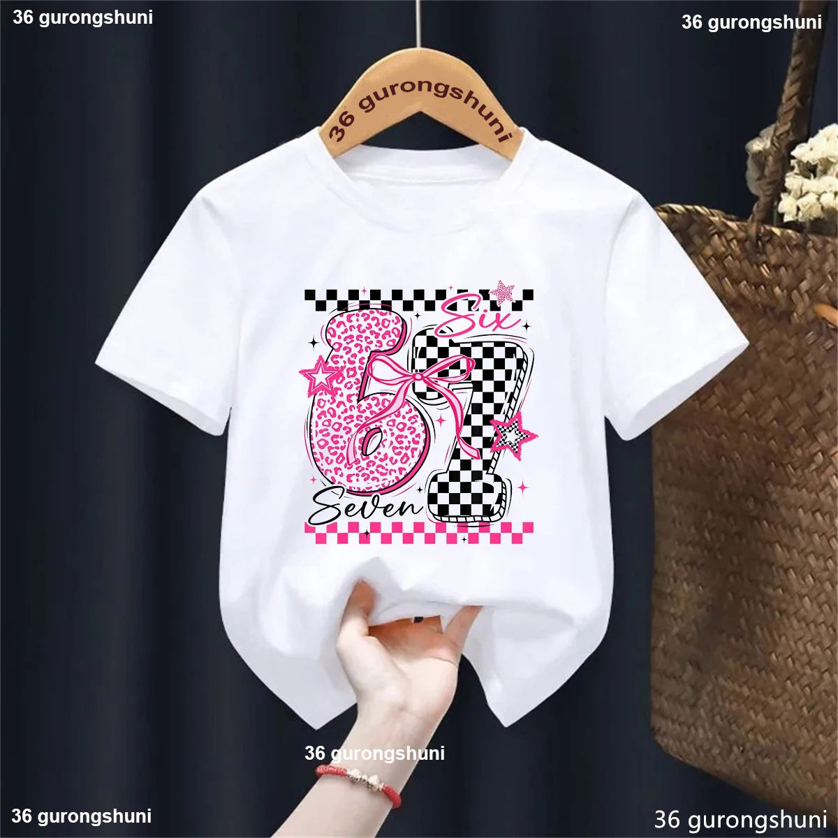 Camiseta con estampado de lazo y estrella de leopardo 67 Meme, ropa Kawaii para niñas, camiseta de manga corta de verano, camiseta informal lisa, ropa de calle - imagen 2