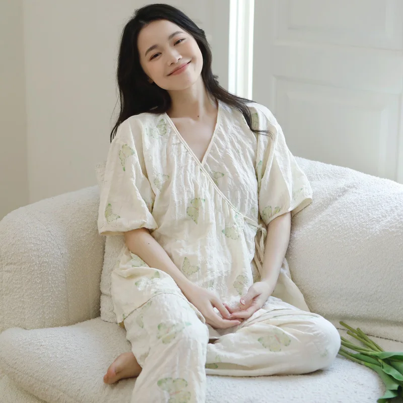 Conjuntos de ropa de dormir de maternidad y lactancia de algodón con estampado fino de verano, pijamas de manga corta, ropa para mujeres embarazadas, embarazo, sueño en casa - imagen 4