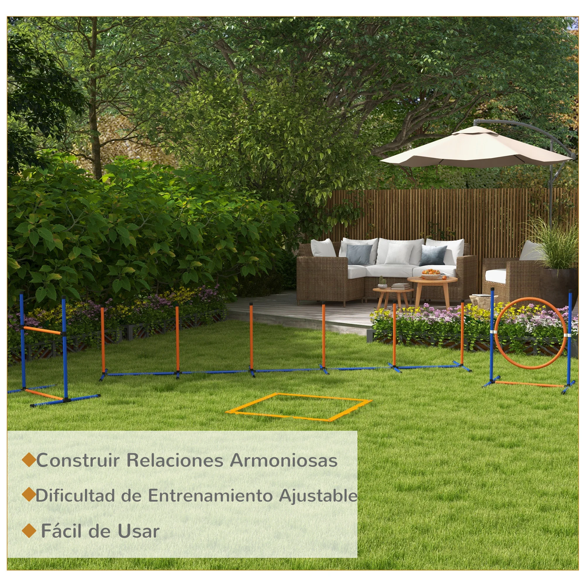 PawHut Set de Entrenamiento de Agilidad para Perros de 4 Piezas Juego de Agilidad para Perros con Piquetes para Slalom Zona de Reposo Valla y Anillo de Salto Naranja y Azul - imagen 4