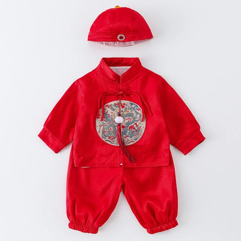 Conjuntos de 3 piezas de ropa de Boutique para bebé, ropa de estilo chino, Tops de manga larga de algodón, pantalones y sombrero, fotografía para recién nacido BC157 - imagen 2