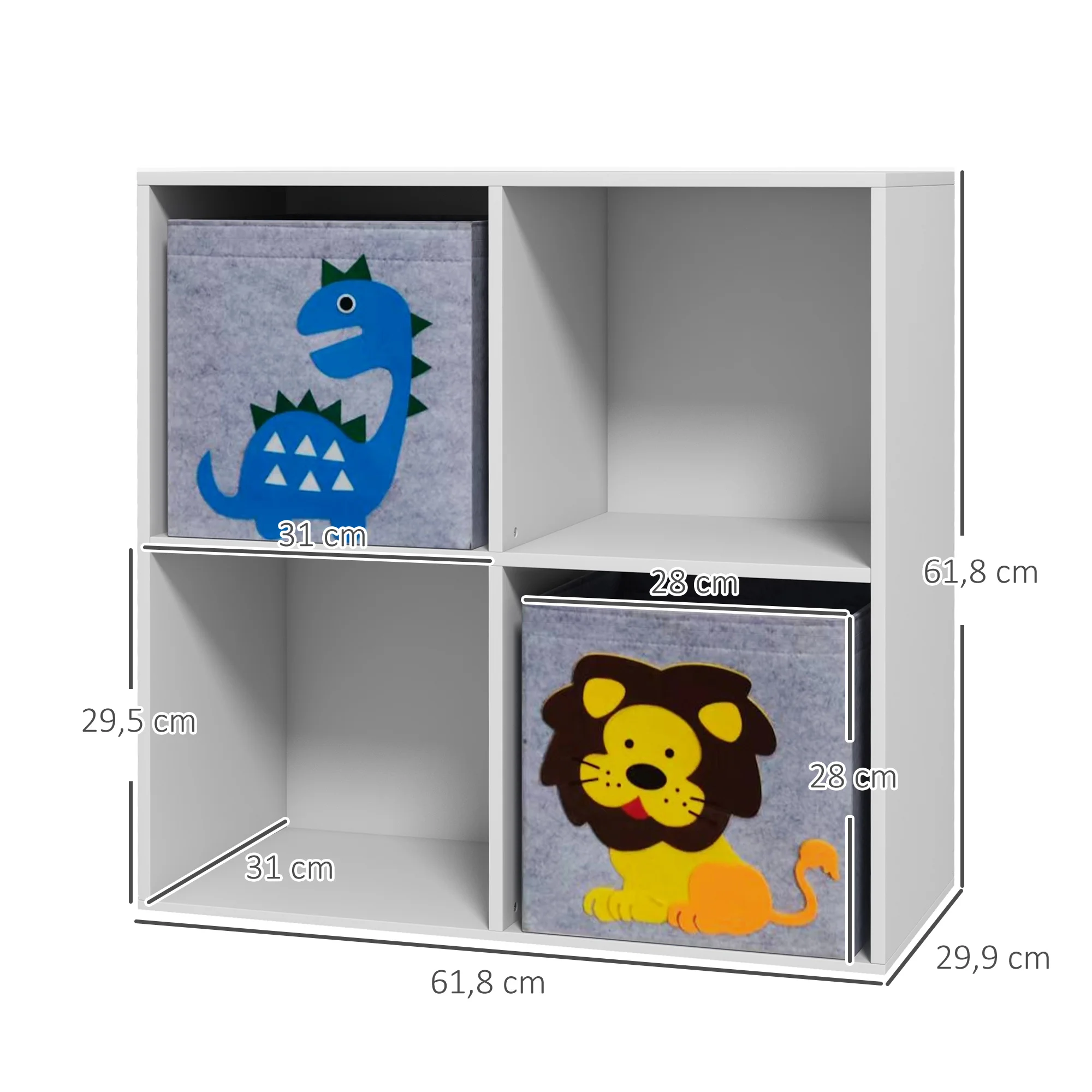 ZONEKIZ Estantería para Juguetes Infantil Librería para Niños de +3 Años con 4 Compartimientos de Almacenaje y 2 Cajones de Tela no Tejida con Imagen de Animales 61,8x29,9x61,8 cm Blanco y Gris - imagen 3