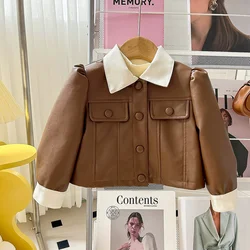 Chaqueta de cuero para niñas con solapa y estilo informal otoño