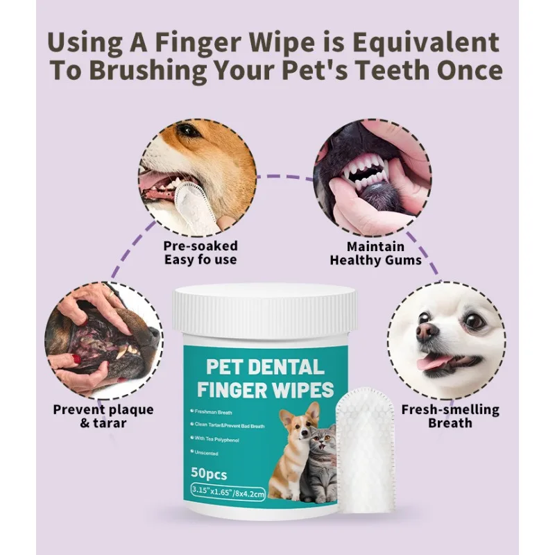 Toallitas dentales para dedos para perros y gatos, Control de placa, limpieza de dientes con ambientador portátil para uso en viajes en casa, suministros para mascotas, 50 Uds. - imagen 5