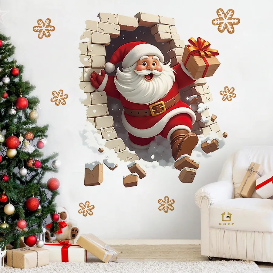 Pegatinas de pared autoadhesivas 3D para regalo de Papá Noel en la nieve, decoración navideña, pegatinas de pared para el hogar - imagen 2