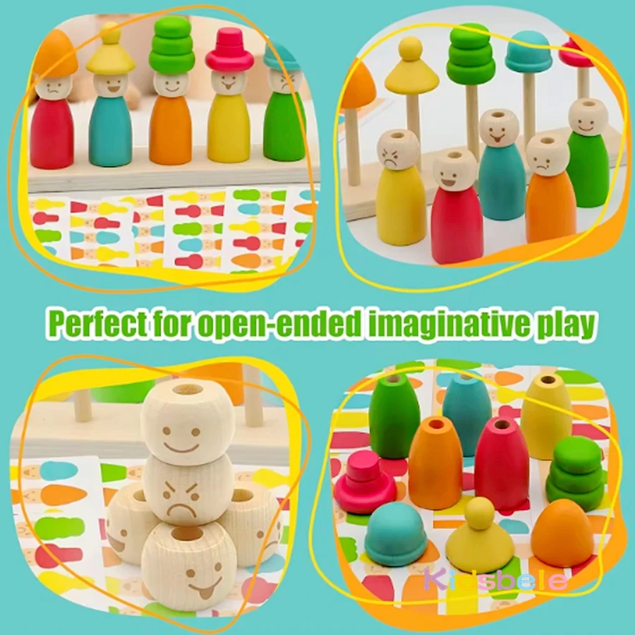 Juego de combinación de colores con forma de marioneta de madera, juguete de aprendizaje Montessori, sombrero de marioneta, partido de cara, juguete de escritorio apilable creativo para niños pequeños - imagen 3