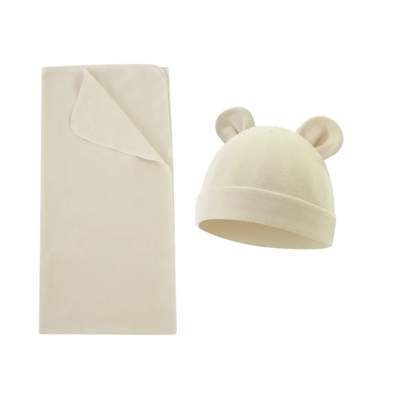 Conjunto de gorro y manta para bebé recién nacido, algodón para todas las estaciones, toalla para envolver, artículos de cama infantiles de Color sólido, 80x80Cm