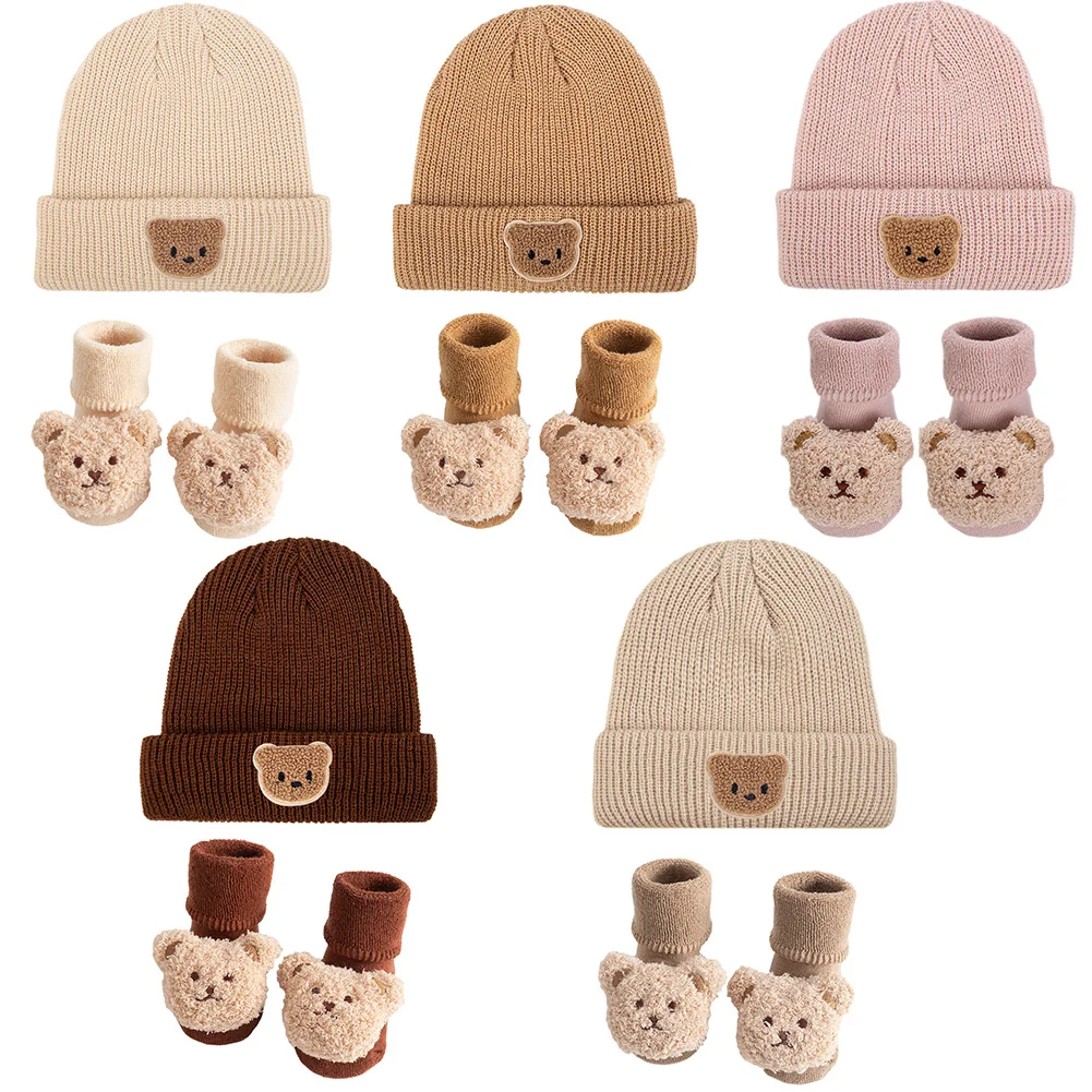 Gorros de punto liso y calcetines cortos gruesos de dibujos animados de oso, gorros de turbante para otoño e invierno, medias de 0 a 12M, 2 uds. - imagen 3